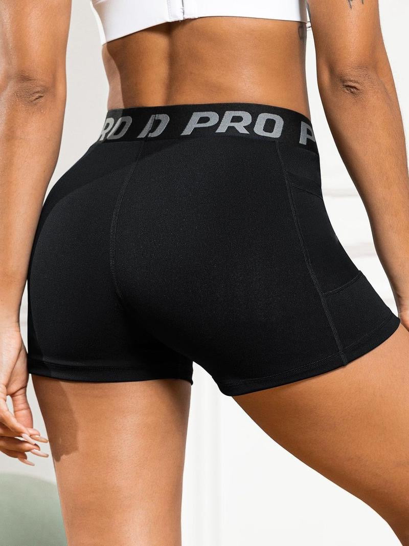 Women's Letter Tape High Waist Sports Gym Shorts, Casual Contrast Mesh Pocket