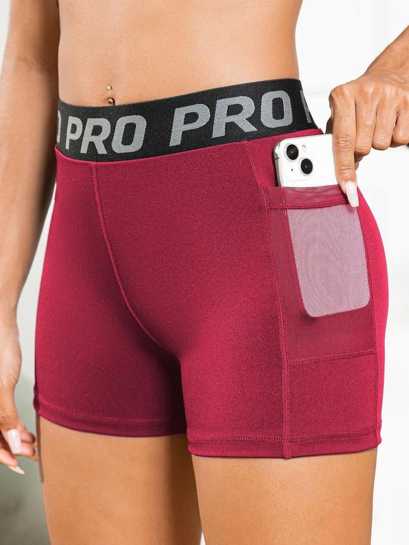 Women's Letter Tape High Waist Sports Gym Shorts, Casual Contrast Mesh Pocket